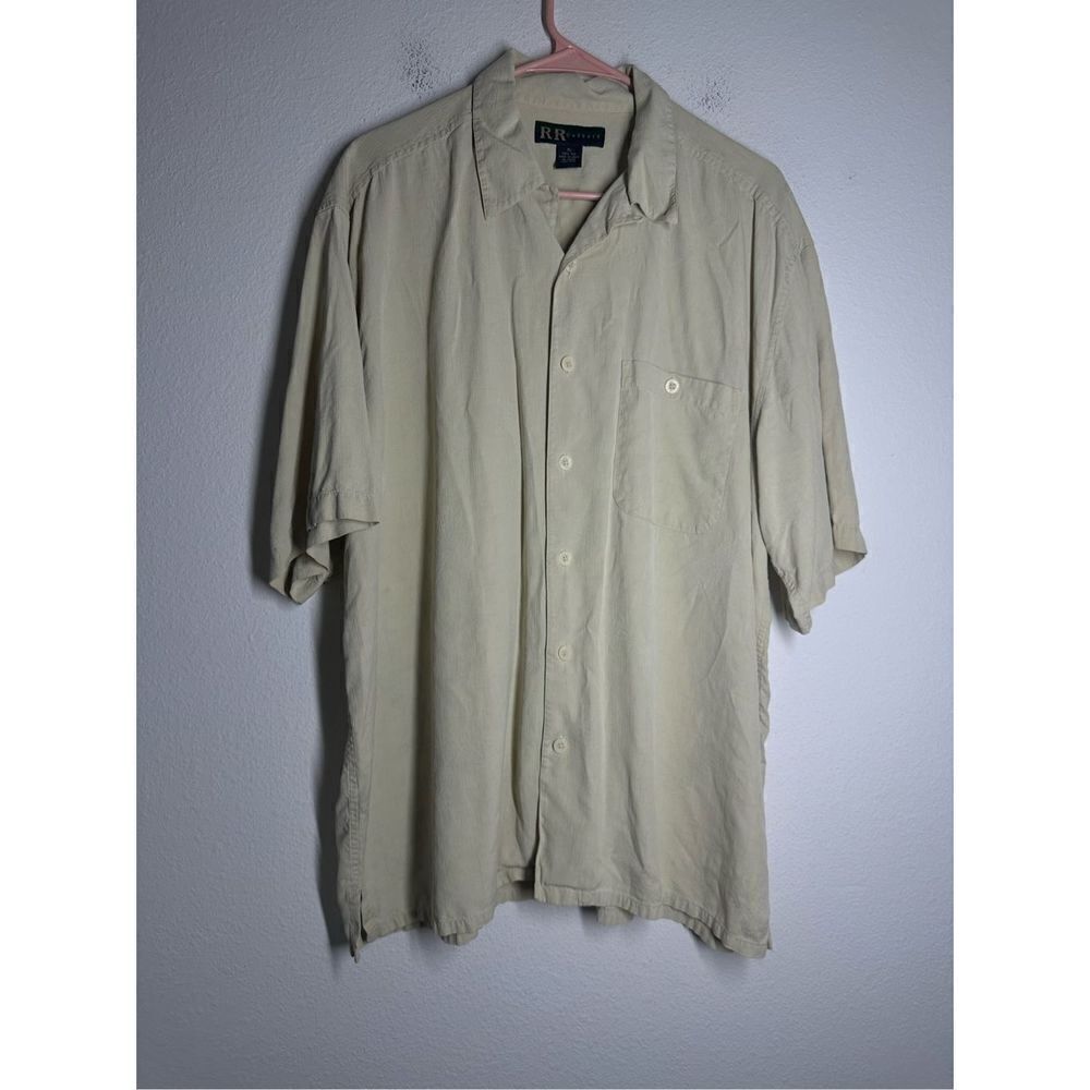 R&R Casuals Shirt Mens Size XL Cream Pineapples Print Button Up 100% Silk